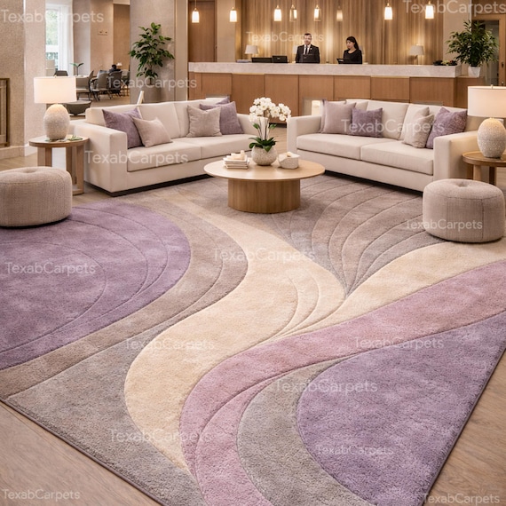 Hand Tufted Abstract Wavy Rug, Modern Wool Area Rug in Lavender Beige Grey