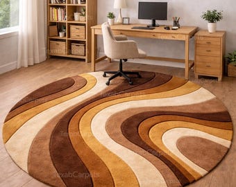 Round Hand Tufted Wool Rug, Brown Abstract Wavy Area Rug, Modern Organic Wave Carpet, Neutral Designer Rug