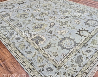 Hand Knotted Oushak Rug, Blue Ivory Floral Wool Rug, Vintage Turkish Style Area Rug, Handmade Oriental Carpet, Living Room Bedroom Decor