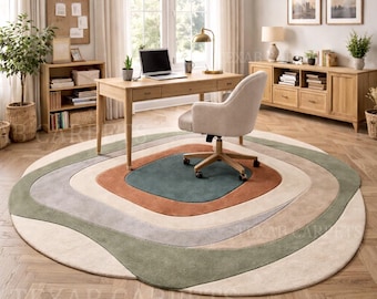Hand-Tufted Wool Round Rug, Abstract Geometric Carpet, Modern Office Decor