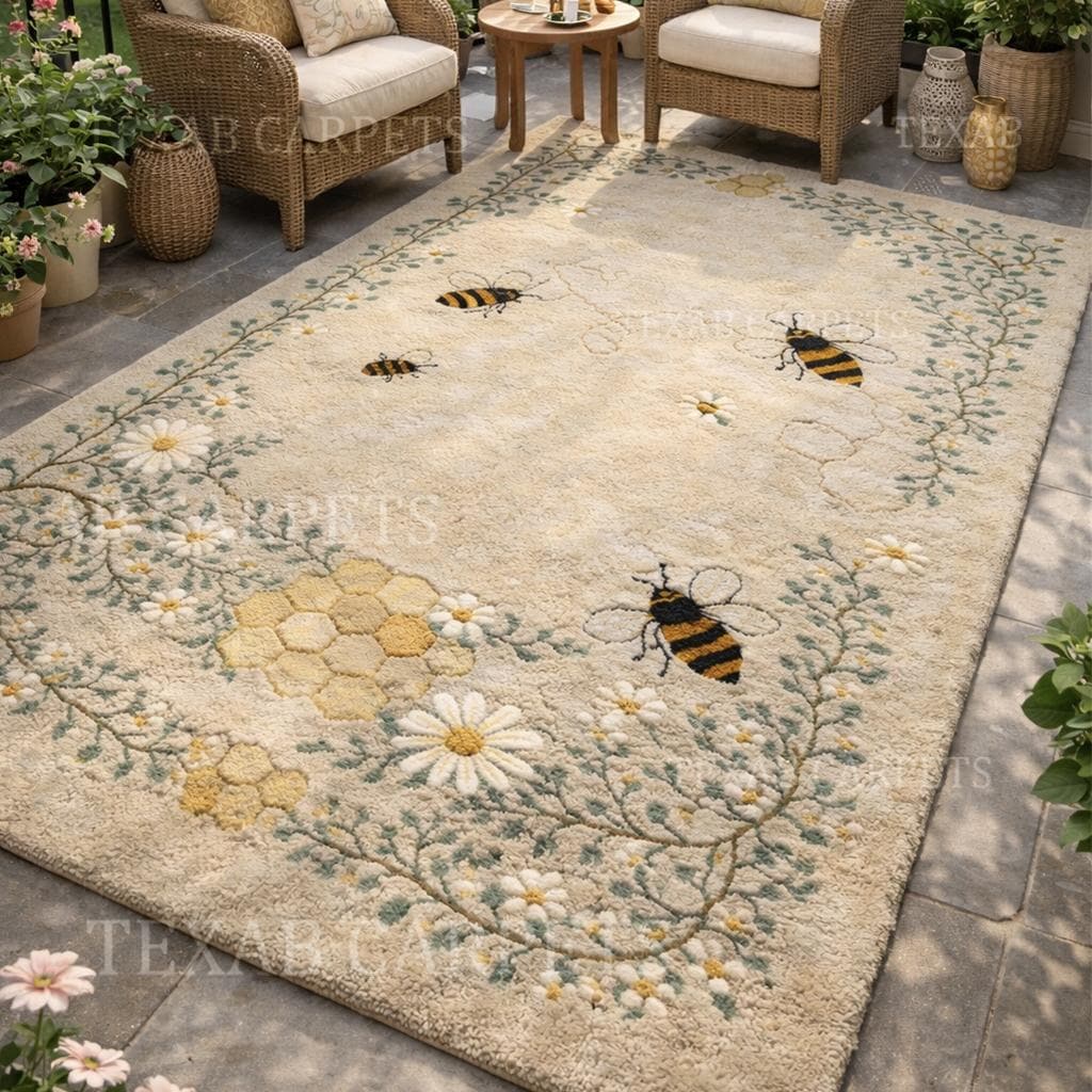 Hand Tufted Wool Bee Rug, Cottagecore Floral Honeycomb Carpet - Etsy