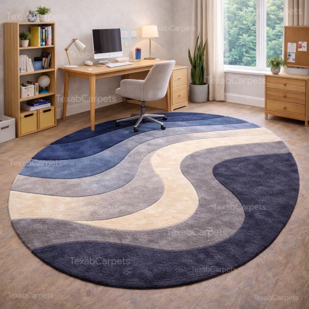 Hand Tufted Wool Oval Rug – Abstract Wave Design, Neutral Blue Grey - Etsy