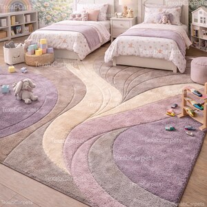 This image features a kids bedroom styled with a soft hand tufted rug, offering a cozy floor surface.