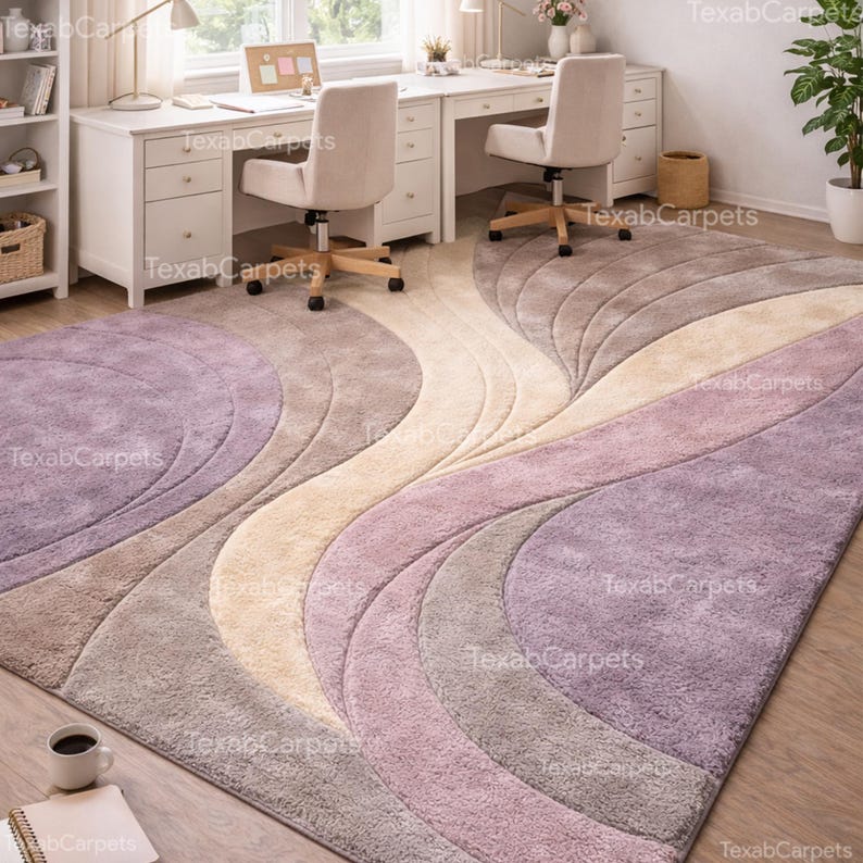This image shows a modern office styled with a hand tufted abstract rug, adding comfort and visual balance.