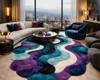 Hand Tufted Organic Shape Blue Rug, Modern Abstract Wool Area Rug, Scandinavian Living Room Carpet