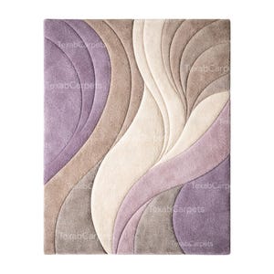 This full view image showcases a hand tufted abstract wavy rug in lavender, beige, and grey tones.