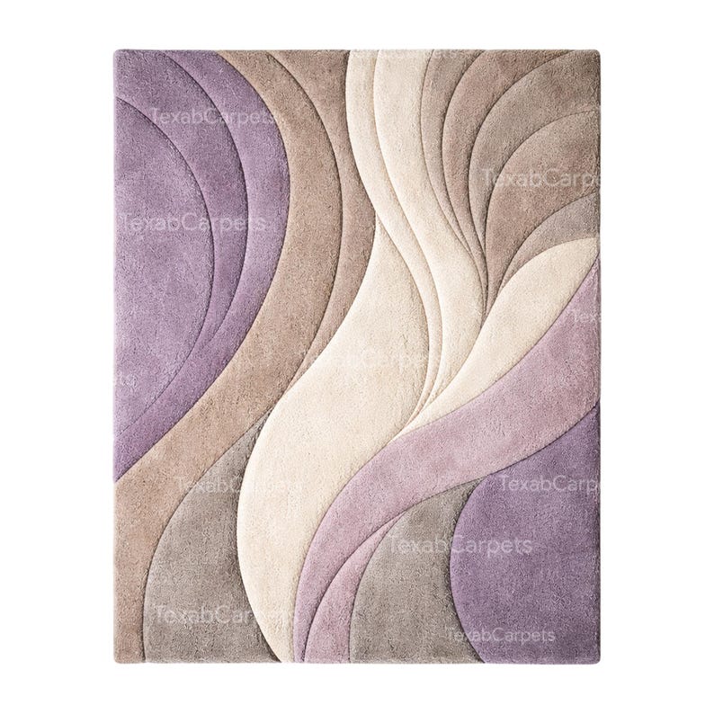 This full view image showcases a hand tufted abstract wavy rug in lavender, beige, and grey tones.