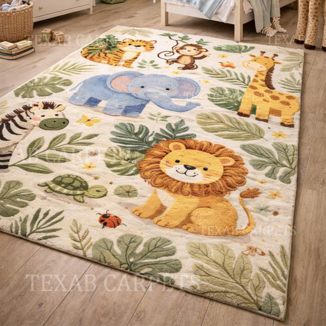 Jungle Animals Kids Hand Tufted Rug | Safari Nursery Wool Area Rug ...