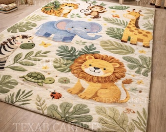 Hand-Tufted Wool Kids Rug, Safari Jungle Animals Nursery Decor