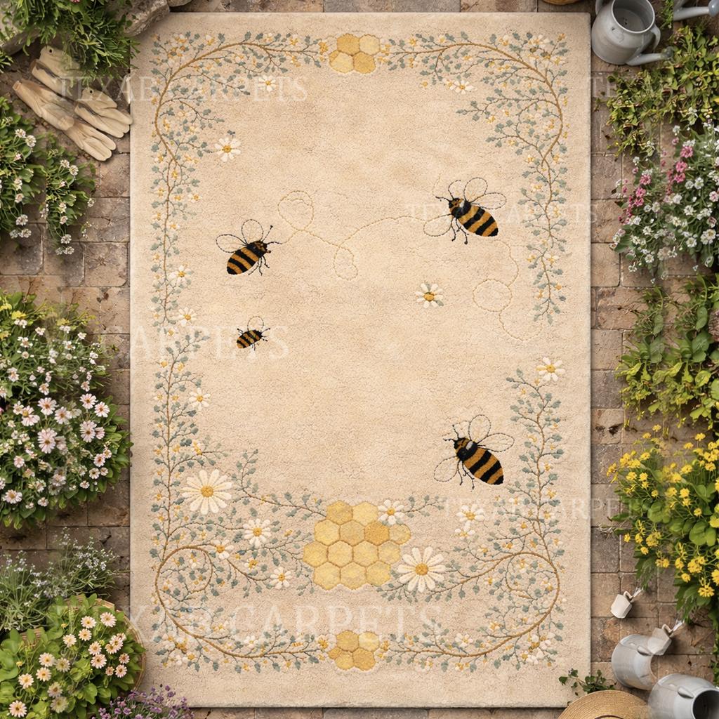 Hand Tufted Wool Bee Rug, Cottagecore Floral Honeycomb Carpet - Etsy