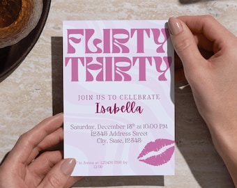 Invitación coqueta para treinta años / Plantilla digital editable / Invitación para fiesta de 30 años / Descarga instantánea / Tema de fiesta rosa