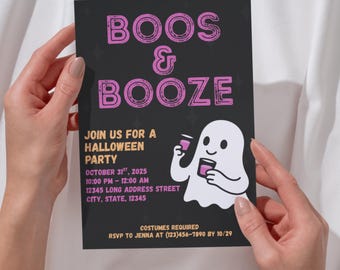 Invitación para fiesta de Halloween "Boos & Booze" / Descarga digital editable / Invitación para fiesta de disfraces de fantasmas / Invitación imprimible de Halloween