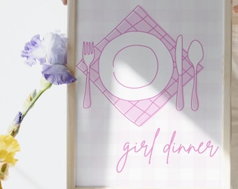 Girl Dinner Pink Wall Art Printable | Pink Kitchen Decor | Dorm Decor | Apartment Decor | Funny Pink Kitchen Quote | Digital Download