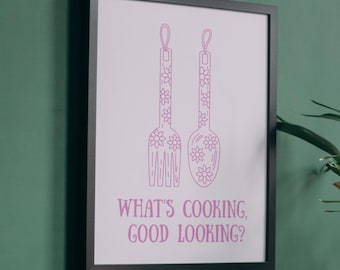 What’s Cooking Good Looking? | Pink Kitchen Wall Art | Cute Digital Download | Funny Printable | Dorm Decor | Aesthetic Kitchen