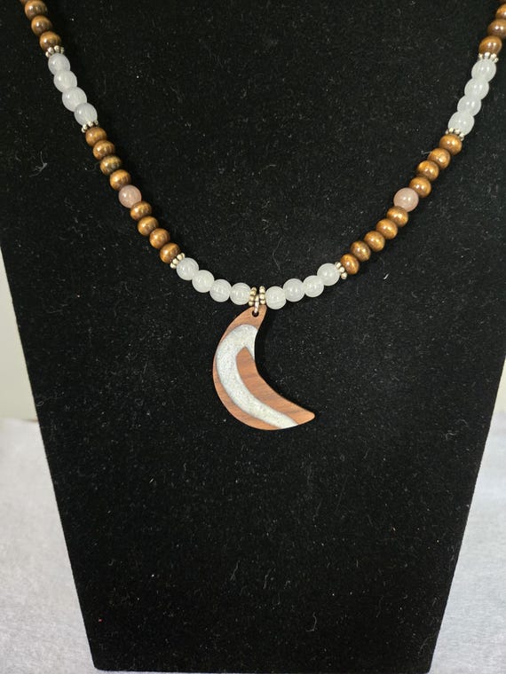 Crescent Moon Wood & Resin Necklace – Riverwood Dreams Collection – Nature Inspired Jewelry