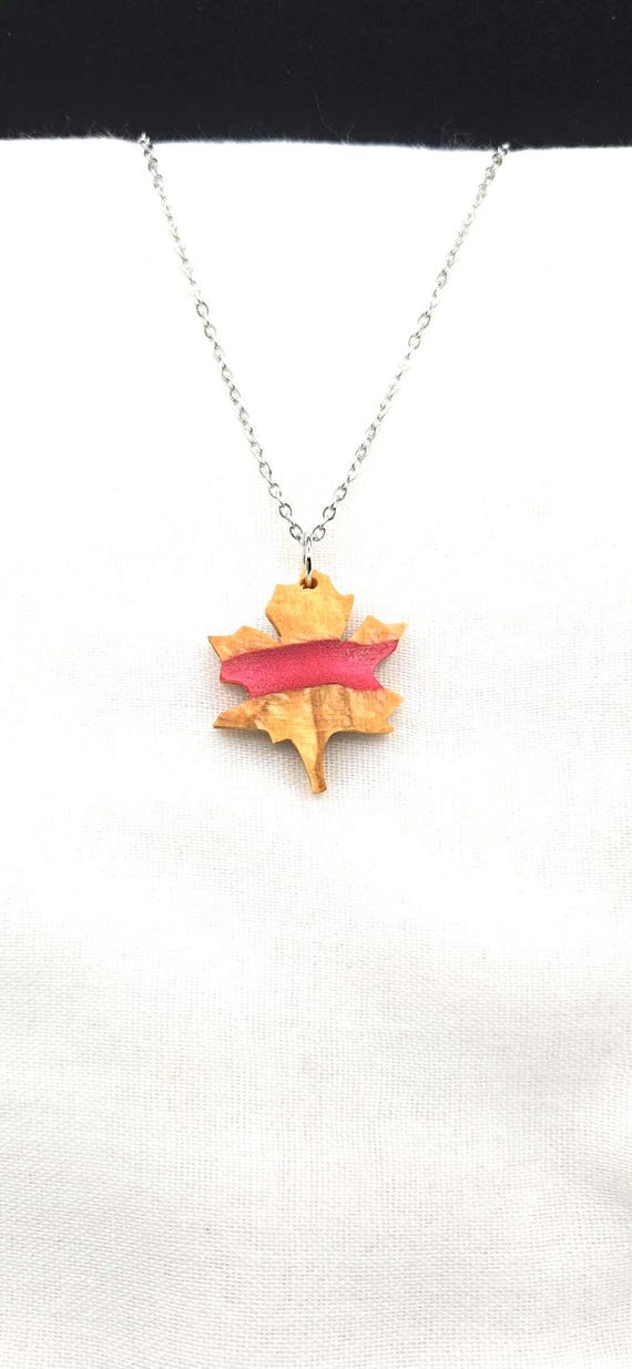 Maple Leaf Wood Necklace with Red Resin Inlay, Hand Cut Scroll Saw Jewelry, Nature Inspired Pendant, Canadian Maple Leaf Gift for Her