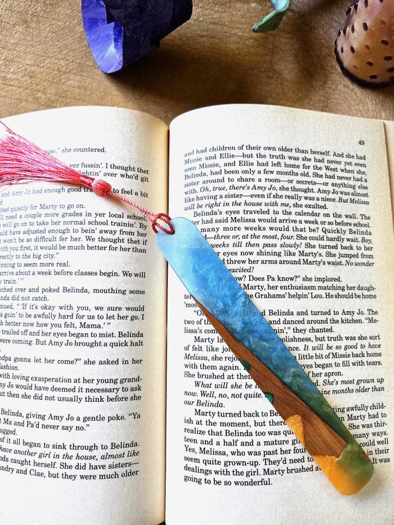 Blue, Green and Amber Wood & Resin Bookmark with Red Tassel | Handmade Book Lover Gift