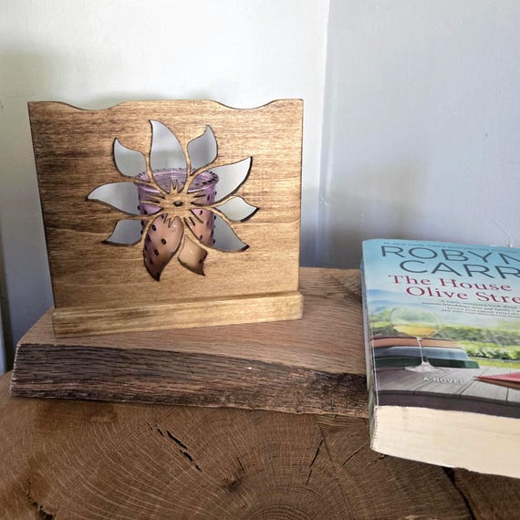 Wooden Flower Candle Holder, Hand Cut Floral Luminary, Rustic Shelf Decor, Whispering Light Collection