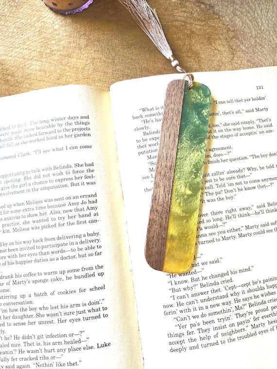 Green and Gold Wood & Resin Bookmark with Tassel | Handmade Gift for Book Lovers