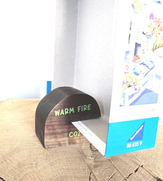 Warm Fire Cozy Puzzle Wooden Puzzle Box Lid Holder – Green Lettering – Handmade Gift for Puzzle Lovers