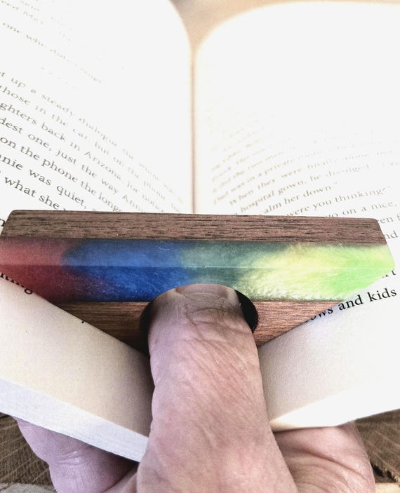 Handcrafted Wood & Epoxy Resin Book Thumb Page Holder | Colorful Rainbow Thumb Bookmark | Ergonomic Reader Gift for Book Lovers - Teachers
