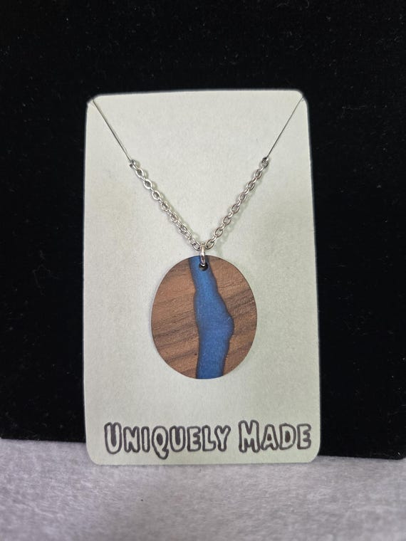Wood & Blue Resin Round Necklace – Riverwood Dreams Collection – Handmade Wood Pendant – Nature Inspired Jewelry