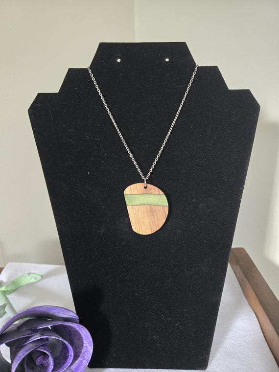Walnut & Green Resin Necklace - Handmade Riverwood Dreams Collection Pendant
