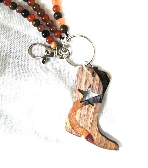 Wooden Western Boot Keychain/Bag Charm – Star Cutout with Earth-Tone Accents – Boots & Brims Collection