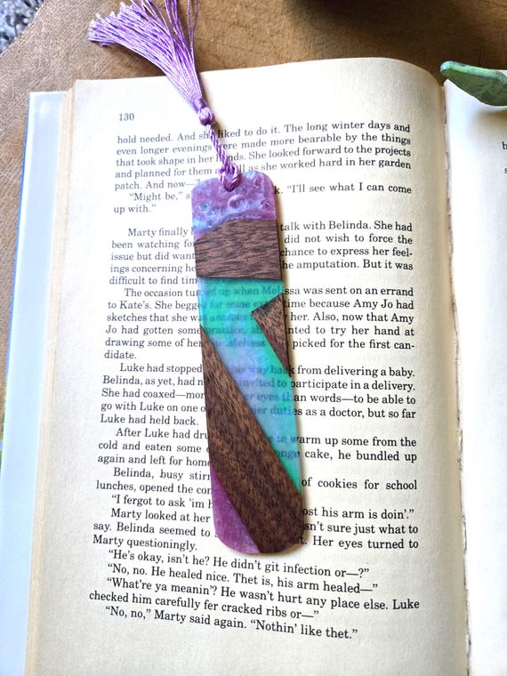 Teal and Lavender Wood & Resin Bookmark with Purple Tassel | Handmade Gift for Book Lovers