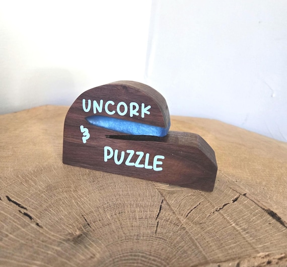 Uncork & Puzzle Wooden Puzzle Box Lid Holder – Blue Resin Accent – Handmade Gift for Puzzle Lovers