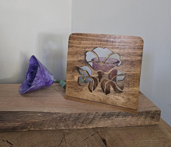 Wooden Flower Candle Holder, Hand Cut Floral Luminary, Rustic Reading Nook Decor, Whispering Light Collection