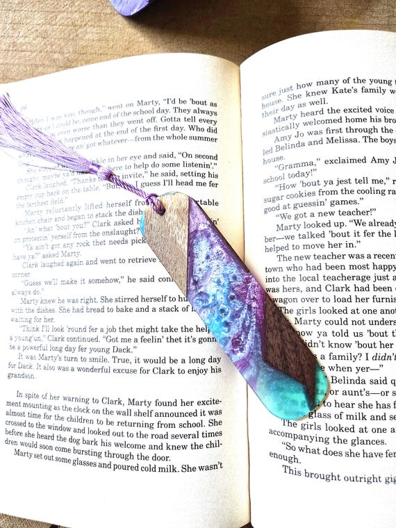 Purple and Teal Wood & Resin Bookmark with Tassel | Handmade Gift for Book Lovers