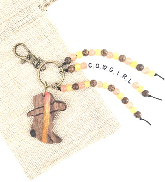 Cowgirl Keychain, Personalized Beaded Boot Charm, Peach and Gold Western Key Ring, Cowgirl Aesthetic Gift, Boho Purse Accessory, Rodeo Style
