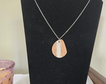 Walnut Wood Resin Necklace, White Sparkle Pendant, Handmade Wooden Jewelry, Nature Inspired Necklace, Gift for Her