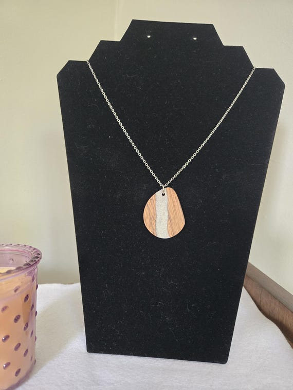 Walnut Wood Resin Necklace, White Sparkle Pendant, Handmade Wooden Jewelry, Nature Inspired Necklace, Gift for Her