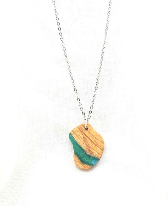 Green Resin River Wood Pendant Necklace, Nature Inspired Minimalist Jewelry