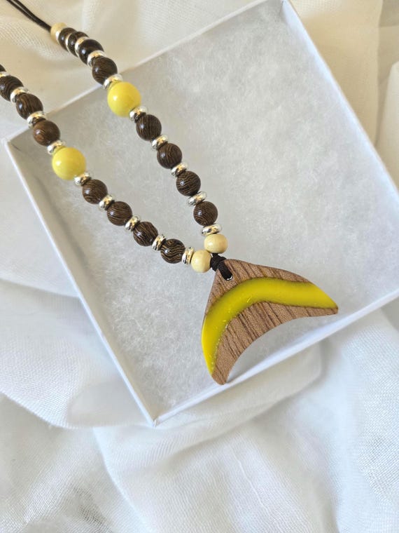 Handmade Oak Wood Resin Necklace – Yellow River Pendant – Riverwood Dreams Collection
