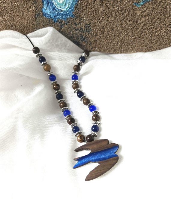 Bird Walnut Wood & Blue Resin Necklace - Riverwood Dreams Collection - Nature Inspired Jewelry