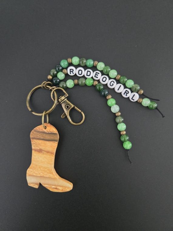 Rodeo Girl Keychain, Green Beaded Cowgirl Boot Keyring, Western Bag Charm, Personalized Name Keychain, Horse Show Gift, Boho Tassel Accessor