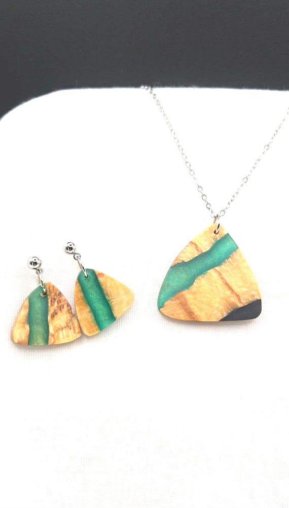 Spalted Maple Resin River Jewelry Set, Emerald Green Pendant Earrings, Wood Artistry Gift