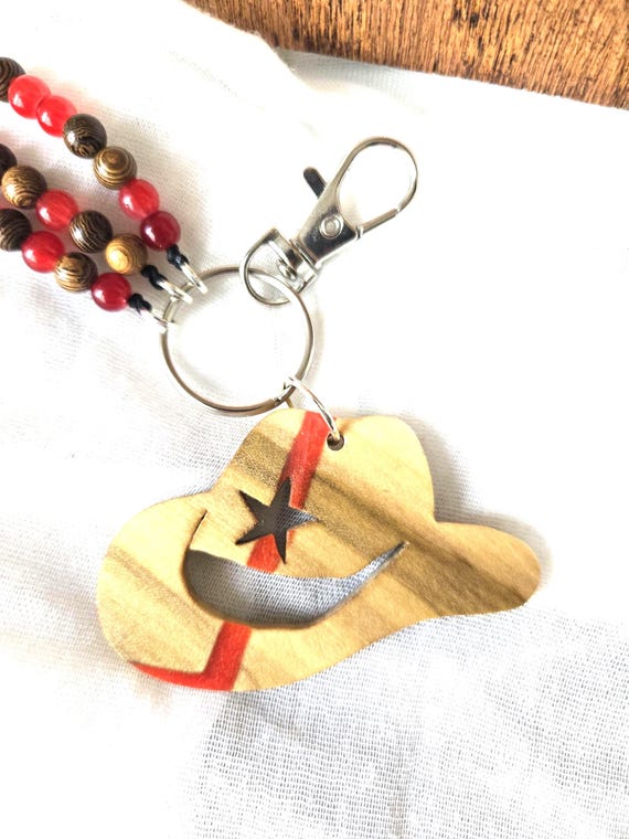 Handmade Wood Cowboy Hat Keychain – Red Resin Star, Western Charm