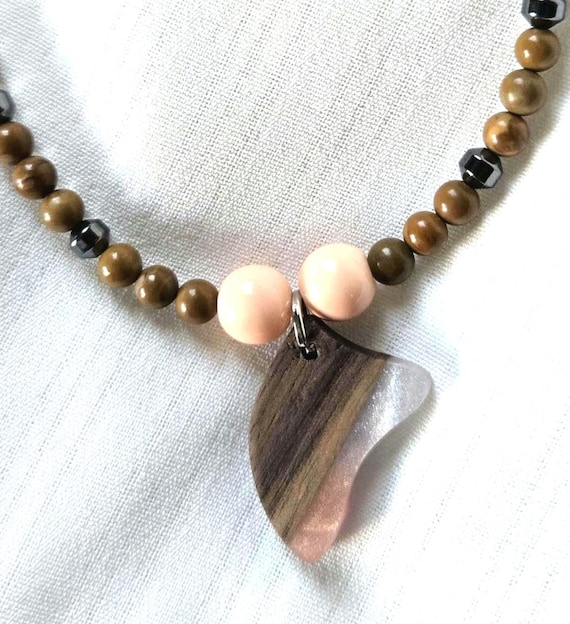 Handmade Walnut Wood & Blush Resin Pendant Necklace – Boho Wood Bead Jewelry