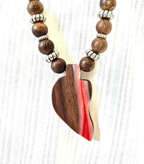 Walnut & Red Resin Necklace: Riverwood Dreams Wood Pendant