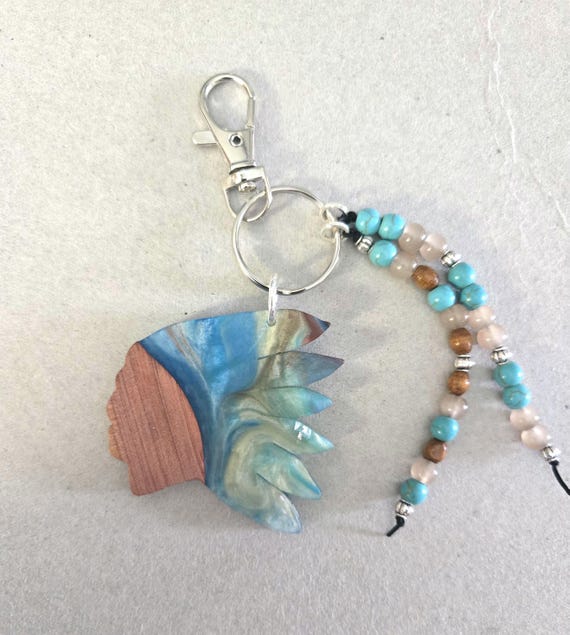 Handcrafted Chief Silhouette Keychain | Reclaimed Wood, Turquoise Resin, Beaded Strands