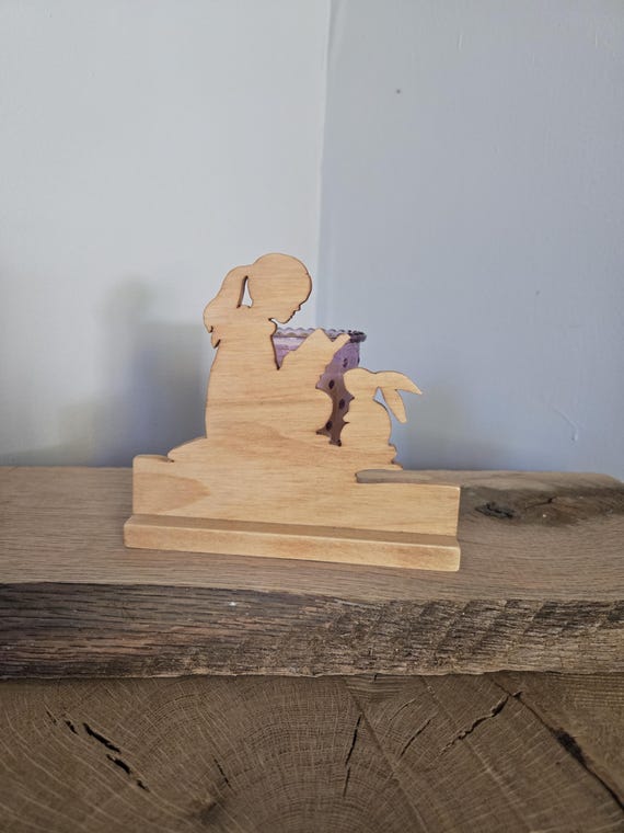 Wooden Reading Girl and Rabbit Candle Holder, Hand Cut Book Lover Decor, Cozy Reading Nook, Whispering Light Collection