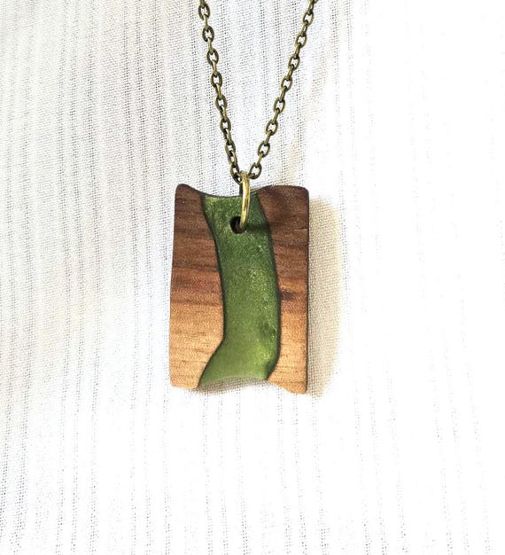 Walnut & Green Resin Necklace - Riverwood Dreams Collection - Handmade Wood Resin Pendant - Nature Inspired Jewelry