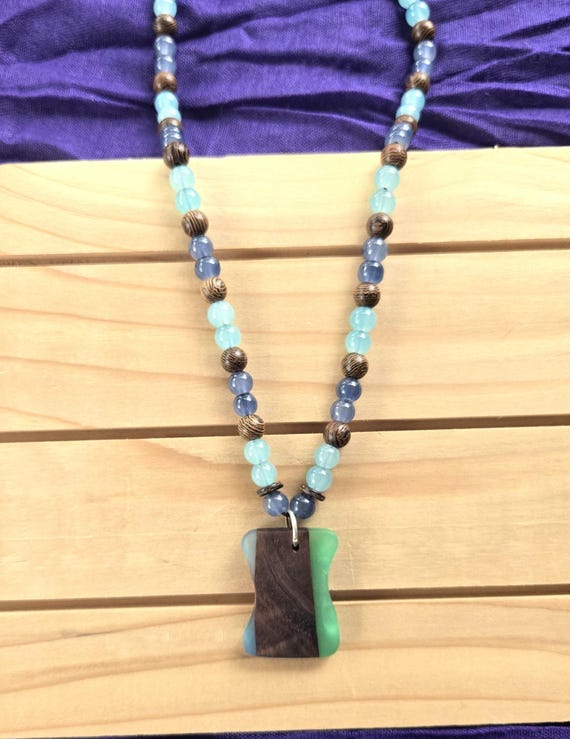Handmade Wood and Resin Beaded Necklace | Green & Blue Pendant Necklace | One of a Kind Artisan Jewelry | Nature Inspired Gift