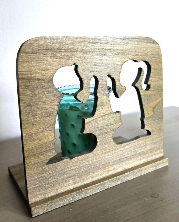 Praying Boy & Girl Wooden Candle Holder - Rustic Prayer Silhouette - Whispering Light Collection
