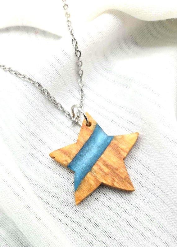 Blue Resin Star Necklace, Wood Pendant, Nature Inspired Jewelry, Minimalist Design