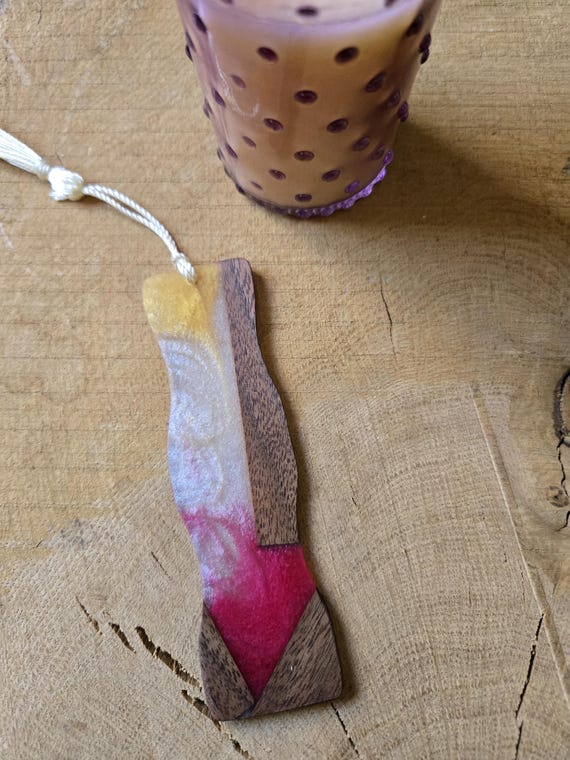 Pink, Pearl White and Gold Wood & Resin Bookmark with Tassel | Handmade Book Lover Gift